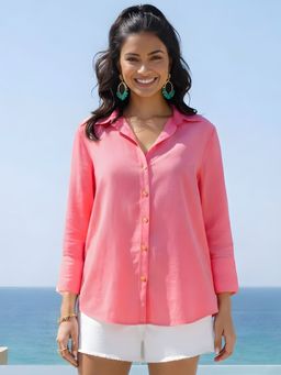 Dora Dori - Pink Solid Chanderi Collar Shirt