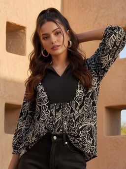 Dora Dori - Black Floral Print High-Low V-Neck Collar Top