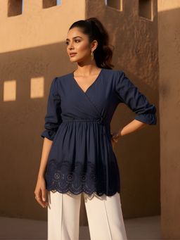 Dora Dori - Navy Blue Cotton Embroidered Tie Up Peplum Top