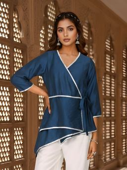 Dora Dori - Teal Wrap Style Embroidered Asymmetrical Top