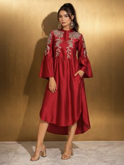Dora Dori - Women Red Chanderi Embroidered Pleated Dress