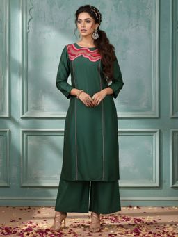 Dora Dori - Green Chanderi Kurta with Palazzo Kurta with Pant
