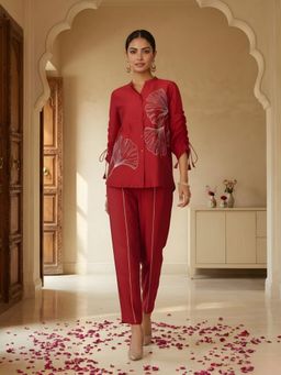 Dora Dori - Red Chanderi Organza Embroidered Co-Ord Set