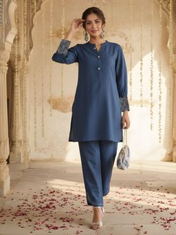 Dora Dori - Blue Chanderi Straight Co-Ord Set