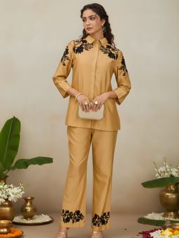 Dora Dori - Copper Floral Embroidered Chanderi Co-Ord Set