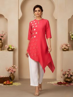Dora Dori - Pink Spade Motif Asymmetric Kurta with Pant