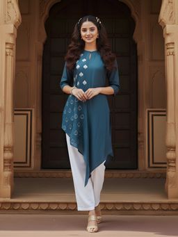 Dora Dori - Blue Spade Motif Asymmetric Kurta with Pant