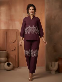 Dora Dori - Purple Thread Work Mandarin Neck Rayon Co-Ord Set