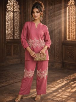 Dora Dori - Pink Thread Work Mandarin Neck Rayon Co-Ord Set