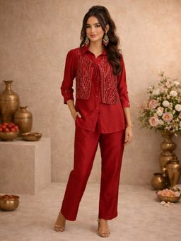 Dora Dori - Maroon Embellished Collar Neck Jacket Co-Ord Set