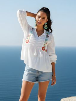 Dora Dori - Cotton Embroidered Pleated White Top