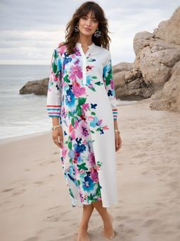 Dora Dori - Mandarin Neck Floral Printed A-Line Midi Dress