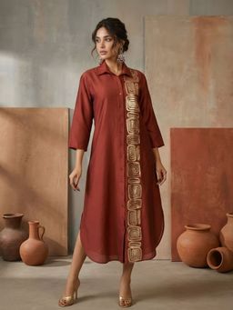 Dora Dori - Collar Neck Plain Sequined Shirt Midi Dress