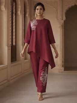 Dora Dori - Chanderi Floral Embroidered Maroon Co-Ord Set