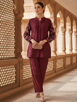 Dora Dori - Chanderi Embroidered Wine Co-Ord Set