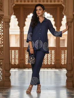 Dora Dori - Embroidered Chanderi Navy Blue Co-Ord Set