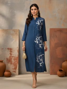 Dora Dori - Chanderi Floral Embroidered Teal Midi Dress