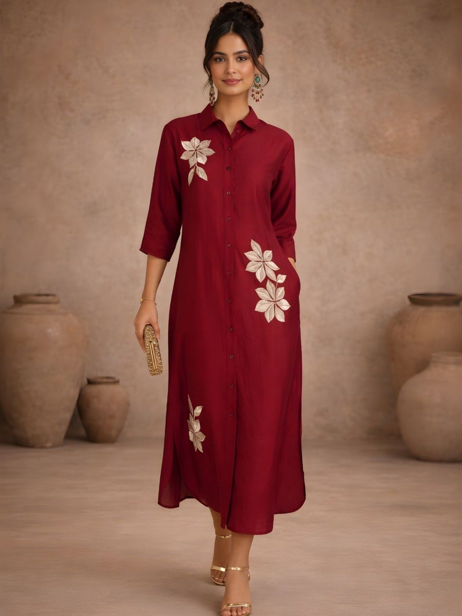 Floral Embroidered Purple Midi Dress-image-5