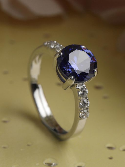 CLARA 925 Silver Rhodium Plated Swiss Zirconia Royal Blue Eye Adjustable Ring For Women & Girls