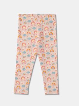 R&B - Cotton All Over Printed Slim Fit Ankle Length Girls Legging-Peach