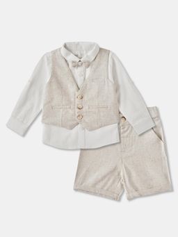 R&B - Solid Cotton Full Sleeves Shirt and Waistcoat with Short and Bow-Beige