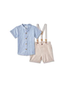 R&B - Solid Linen Short Sleeves Shirt with Short Boys with Suspender-Blue