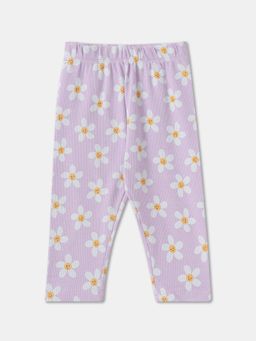 R&B - Cotton Floral Printed Full Length Mid Rise Girls Legging-Lavender