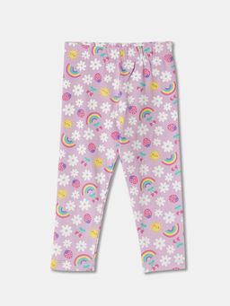 R&B - Cotton Blend Floral Printed Full Length Mid Rise Girls Legging-Pink