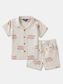 R&B - Graphic Print Cotton Short Sleeve Shirt with Short Boys-Beige