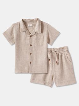 R&B - Solid Linen Short Sleeve Shirt with Short Boys-Beige