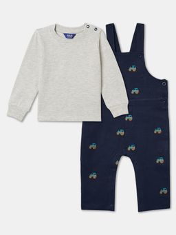 R&B - Graphic Cotton Full Sleeves T-Shirt with Dungarees Boys-Navy Blue