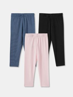 R&B - Cotton Blend Solid Full Length Mid Rise Girls Legging-Multi-Color (Pack of 3)