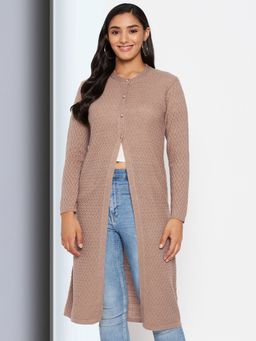 CLAPTON - Womens Wool Blend Camel Full Sleeve Solid Self Design Round Neck Cardigan