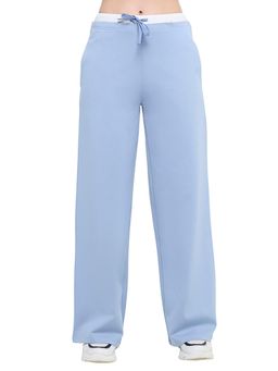 Hunnit - Women High Waist Double Waistband Cotton Flared Pant With Pockets - Blue
