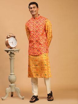 Vastramay - Men Red, Yellow And Cream Silk Blend Jacket, Kurta And Pyjama (Set of 3)