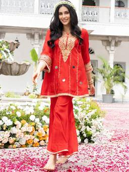 Gahan - Womens Mirror Embroidered Red Color Kurta with Sharara