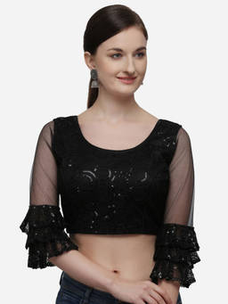 Amrutam Fab - Womens Embroidered Black Net Stiched Blouse With Round Neck