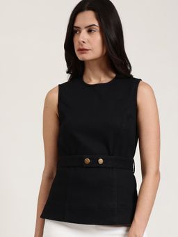 FableStreet - Denim Round Neck Top with Blet - Black