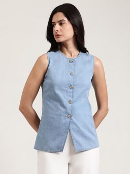 FableStreet - Denim Waistcoat Top - Light Blue