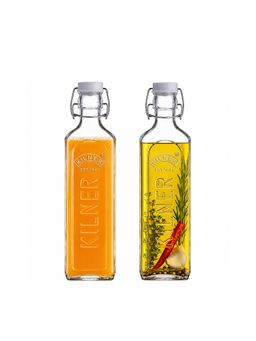 Kilner - 2 Pcs x 1L Square Clip Top Glass Bottle, Airtight Storage for Oils and Juices (Pack of 2)