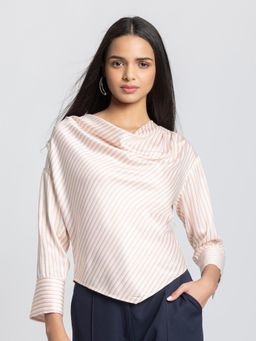 SHAYE - White Cowl Neck Stripe Print Full Sleeves Casual Top