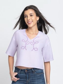 SHAYE - Lavender V-Neck Embroidered Short Sleeves Casual Top