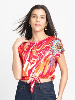 SHAYE - Fuchsia Boat Neck Printed Short Sleeves Casual Top