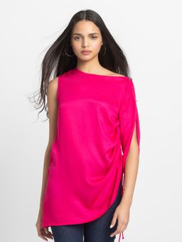 SHAYE - Fuchsia Boat Neck Solid One Shoulder Sleeves Casual Top