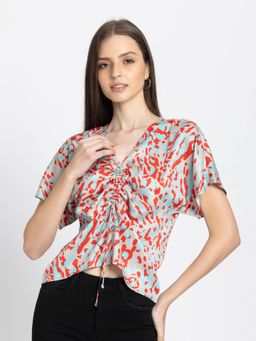 SHAYE - Multi V-Neck Printed Short Sleeves Casual Top