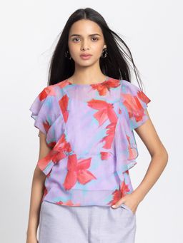 SHAYE - Purple Round Neck Floral Print Short Sleeves Casual Top with Camisole (Set of 2)