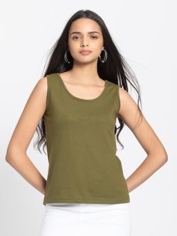 SHAYE - Olive Green Scoop Neck Solid Sleeveless Casual Knit Top