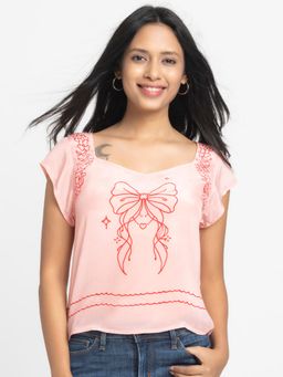 SHAYE - Pink Sweetheart Neck Printed Short Sleeves Casual Top