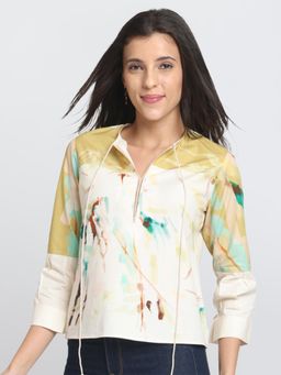 SHAYE - Beige Round Neck Printed Three-Quarter Sleeves Casual Top