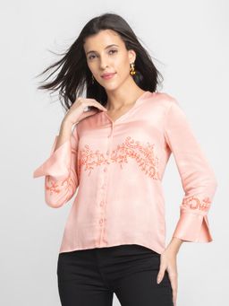 SHAYE - Peach V-Neck Printed Three-Quarter Sleeves Casual Top